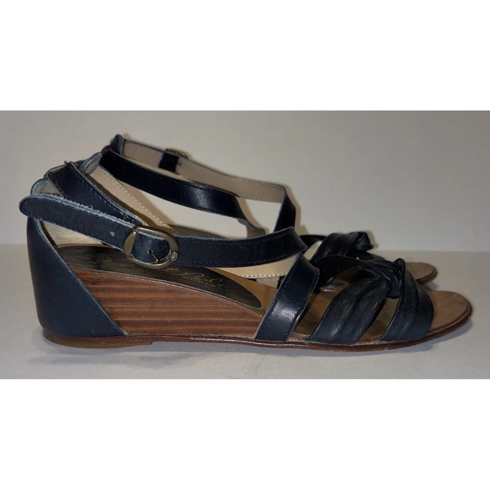 FIRST LADY BOOTERY Vintage Navy Leather Wedge Sandals Slingbacks Italy Sz 38
